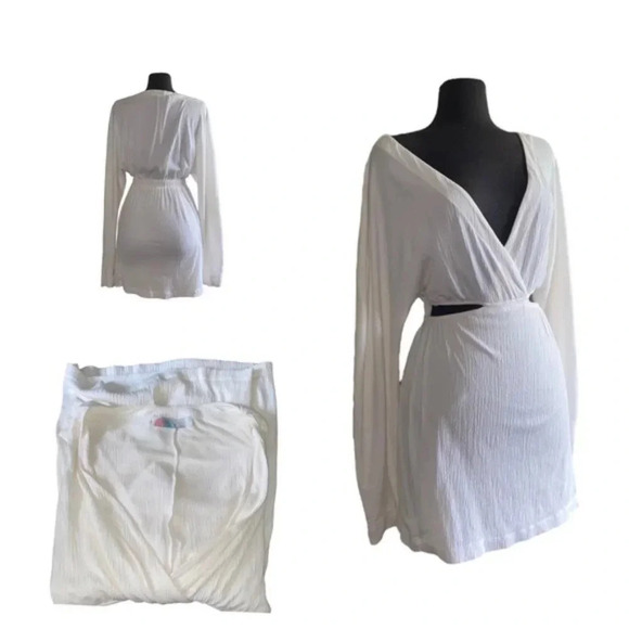 Free People Beach Dress Womens Large Stasia Long Sleeve Cutout Mini Ivory - Picture 1 of 9